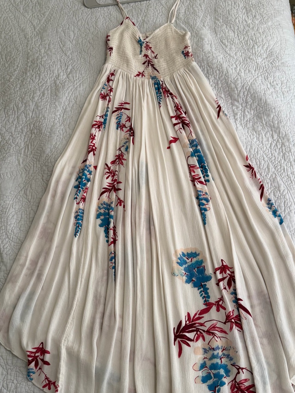 Women’s Cream Floral Maxi Dress with Blue & Red Print